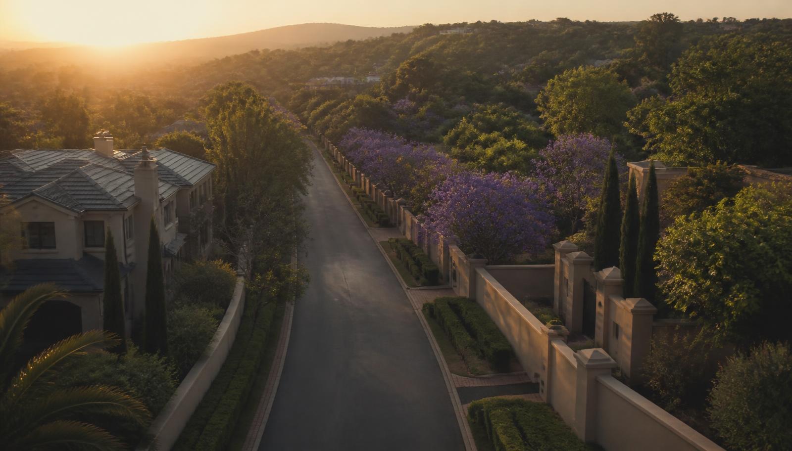 A quiet upmarket Pretoria street lined with jacarandas at golden hour